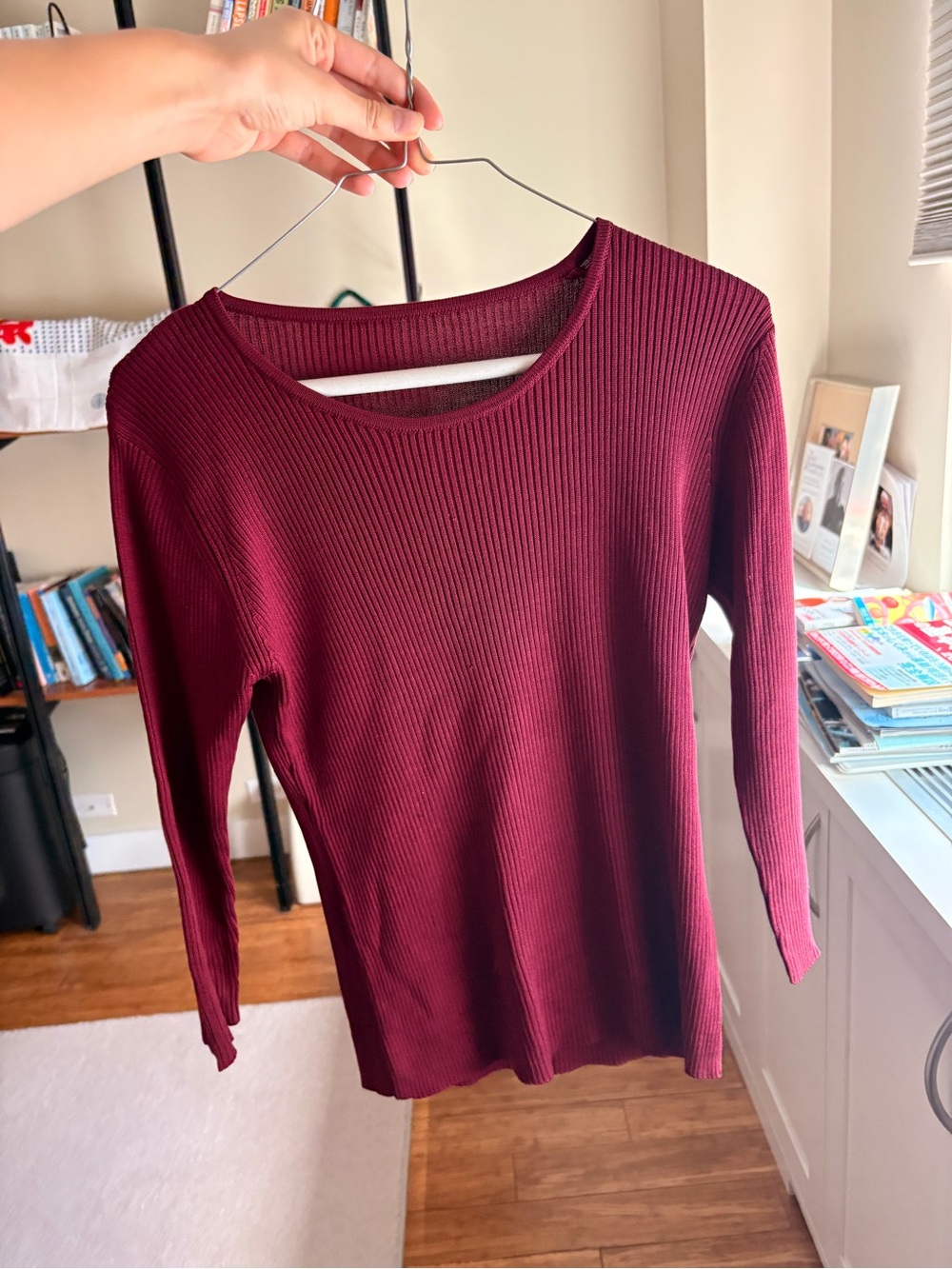 Long Sleeve Ribbed Crewneck Top - Burgundy